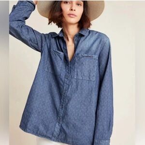 Pilcro And The Letterpress Anthropologie XS Polka Dot Denim Cate Button Down Top